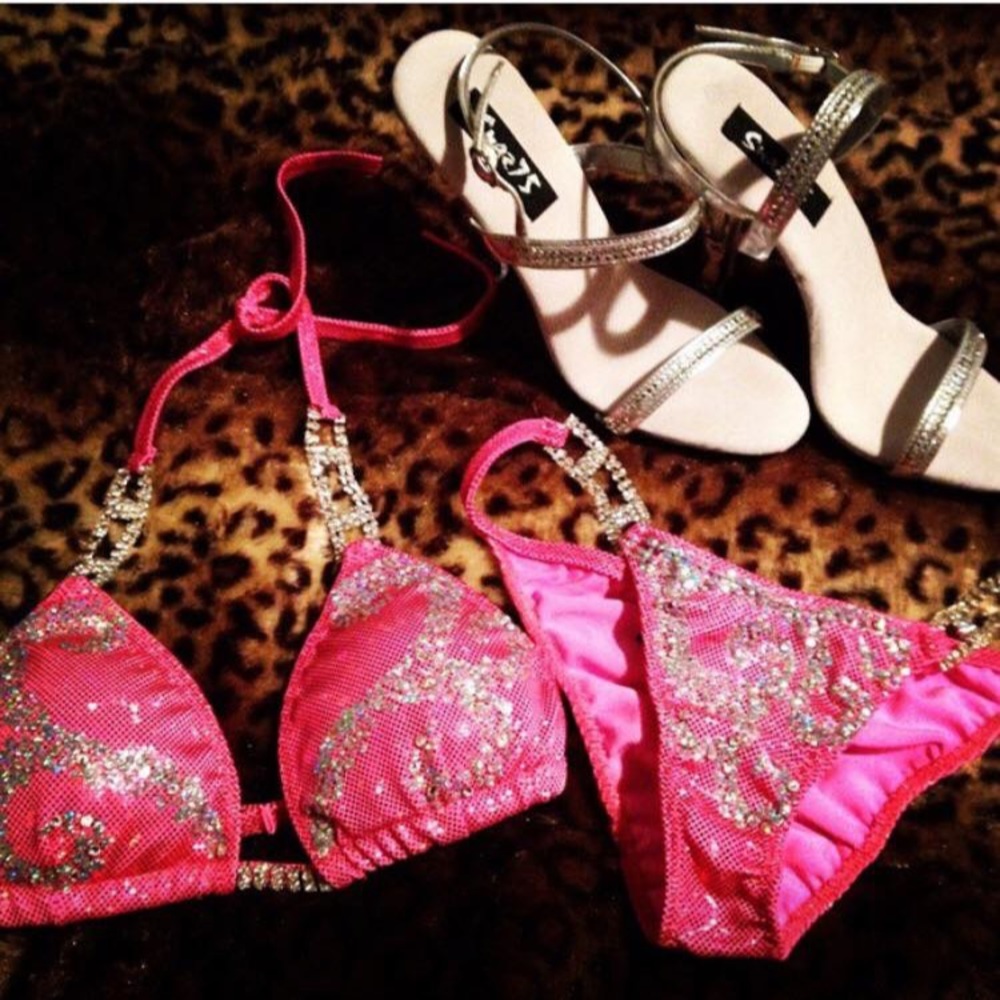 Hot Pink Embellished Bikini Set with Rhinestone Accents